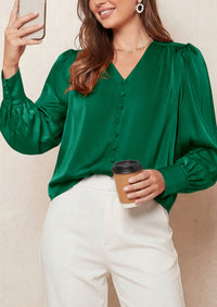 PRETTYGARDEN Satin Long Sleeve Womens Blouses Dressy Casual | Glossy Smooth Silk Fabric,Lantern Sleeve Fall Tops,Decorative Button Pullover,V Neck Shirts,Office Work Business Outfits