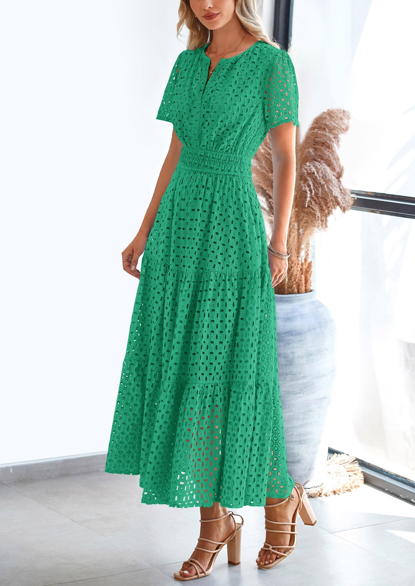 PRETTYGARDEN Womens Maxi Dress Short Sleeve V Neck Hollow Out Eyelet A PRETTYGARDEN Womens Maxi Dress Short Sleeve V Neck Hollow Out Eyelet A
