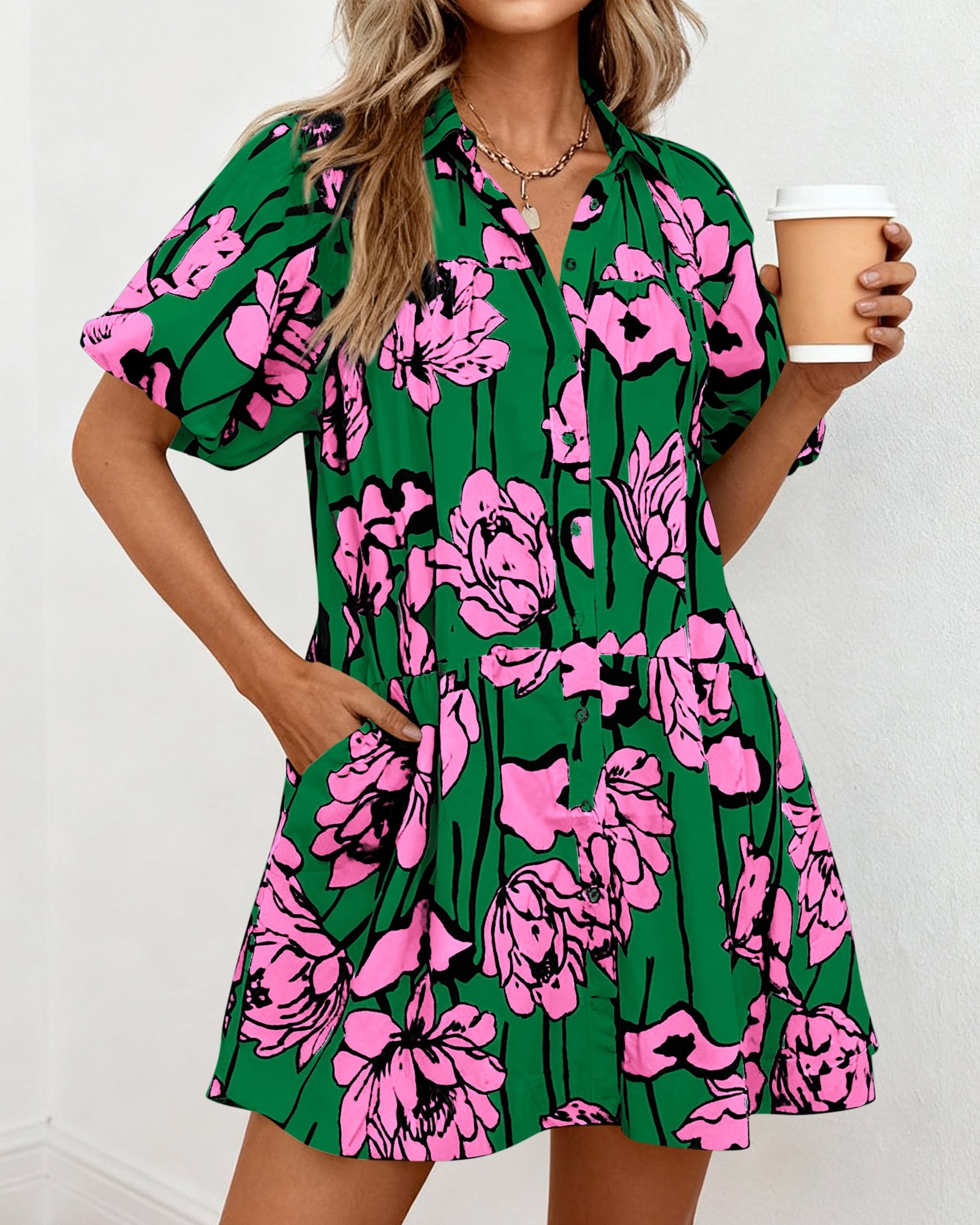 PRETTYGARDEN Womens Summer Dresses 2026 Casual Puff Sleeve Button Down Mini Shirt Dress Boho Floral Babydoll Sun Dress PRETTYGARDEN