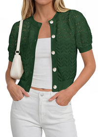 PRETTYGARDEN Summer Crochet Cardigan Sweaters for Women Cropped Button Short Sleeve Sweater Lightweight Knit Spring Tops PRETTYGARDEN