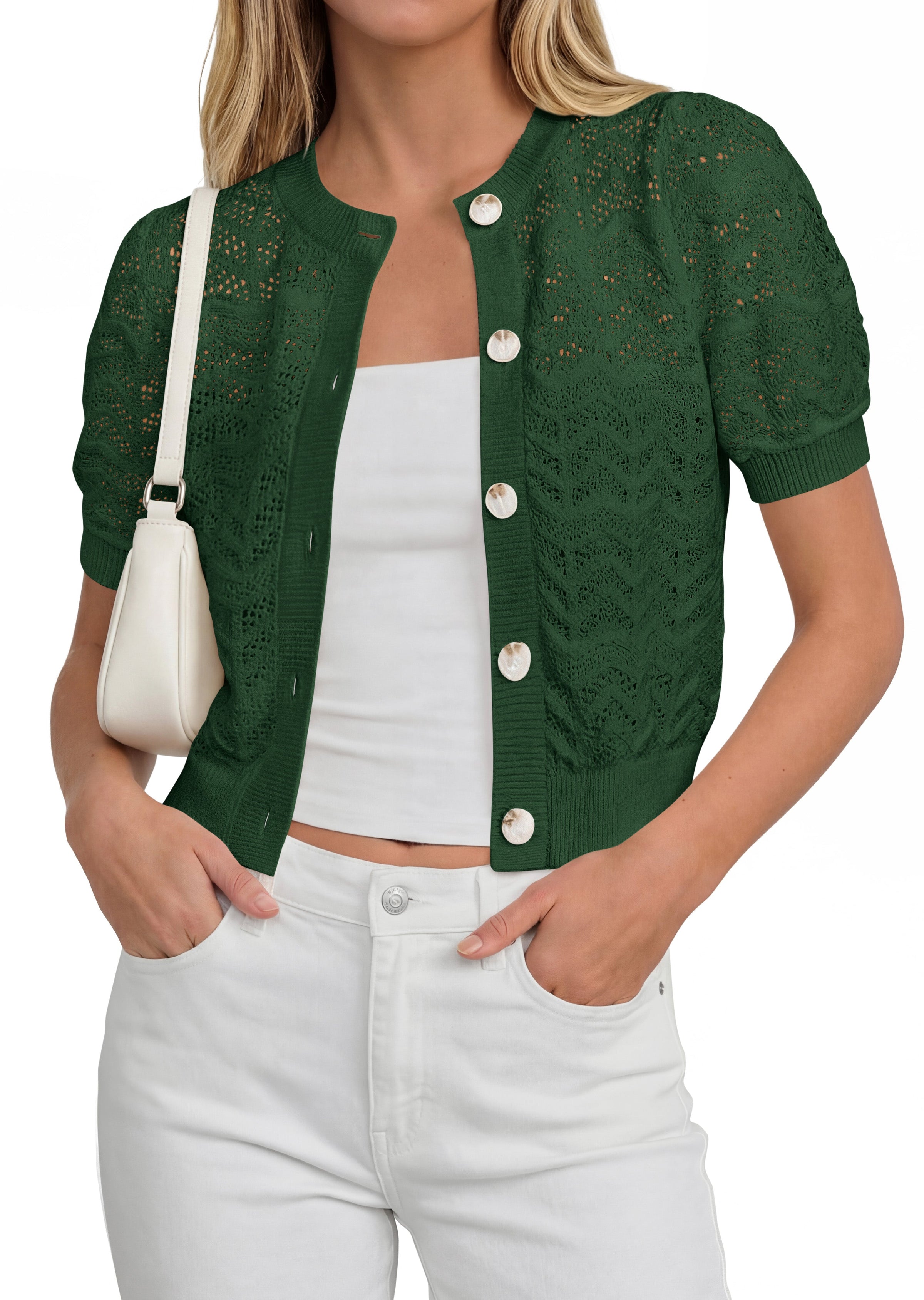 PRETTYGARDEN Summer Crochet Cardigan Sweaters for Women Cropped Button Short Sleeve Sweater Lightweight Knit Spring Tops PRETTYGARDEN