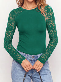 PRETTYGARDEN Sheer Lace Raglan Long Sleeve Shirts for Women | Soft Stretchy Knit,See Through Floral Sleeves,Crewneck Fitted Tshirts,Daily Going Out Tops,Office Layer,Fall Fashion Clothing