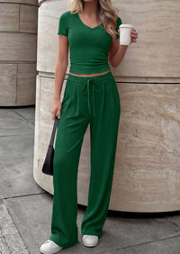 PRETTYGARDEN 2 Piece Sets for Women Summer 2026 Spring Lounge Set Matching V Neck Tops Wide Leg Pants Airport Travel Outfits PRETTYGARDEN