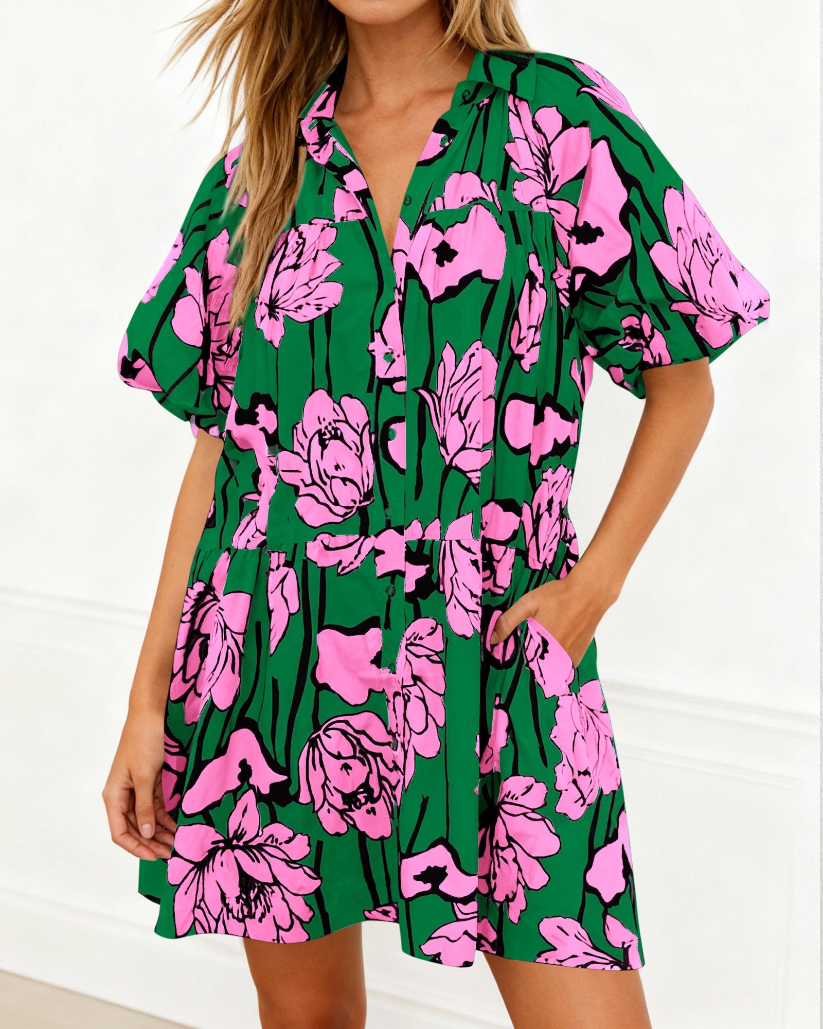 PRETTYGARDEN Womens Summer Dresses 2026 Casual Puff Sleeve Button Down Mini Shirt Dress Boho Floral Babydoll Sun Dress PRETTYGARDEN