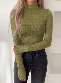 PRETTYGARDEN Womens Lace Long Sleeve Top Mesh Sheer Blouses Mock Neck See Through Slim Fitted Tops 2026 Fall Fashion Clothes