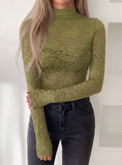 PRETTYGARDEN Womens Lace Long Sleeve Top Mesh Sheer Blouses Mock Neck See Through Slim Fitted Tops 2026 Fall Fashion Clothes