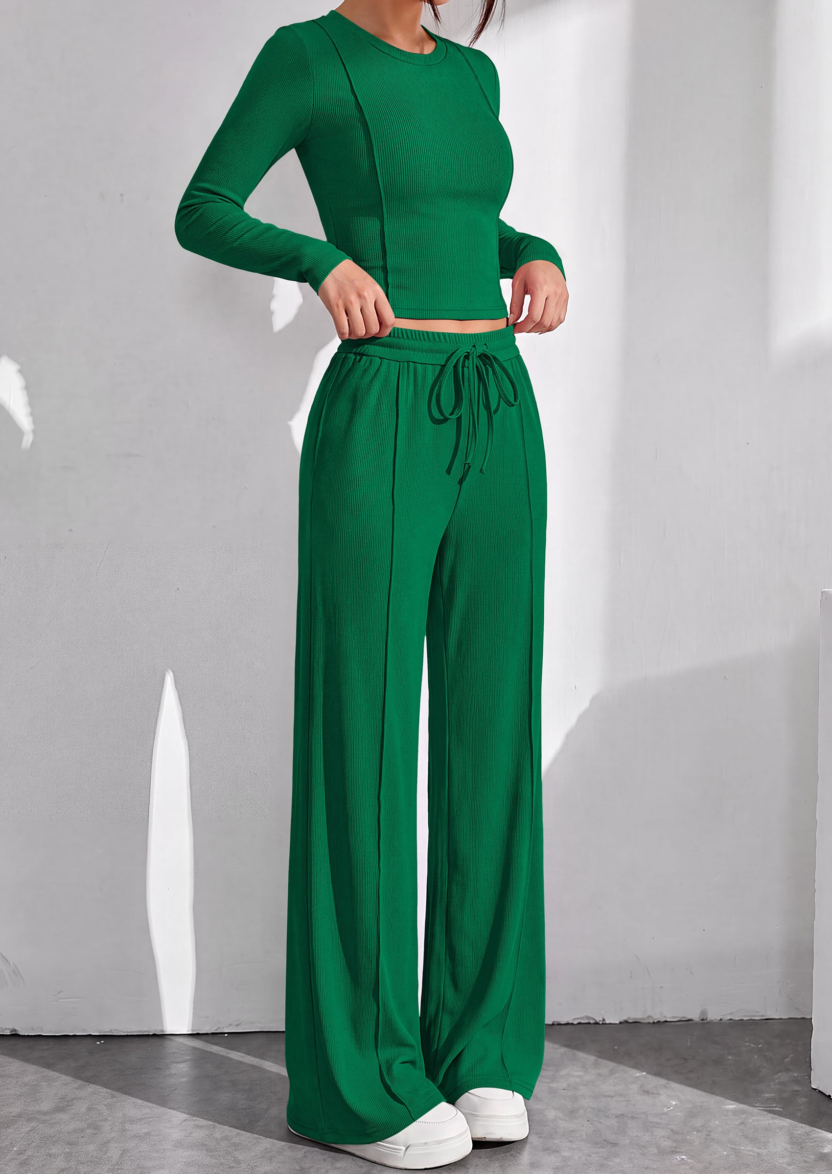 PRETTYGARDEN Womens 2 Piece Sets Long Sleeve Outfits  Soft Ribbed Knit, Loose Wide Leg Fit, Crop Top Drawstring High Waist Pants Set, Casual Lounge Travel, Matching Fall Clothes