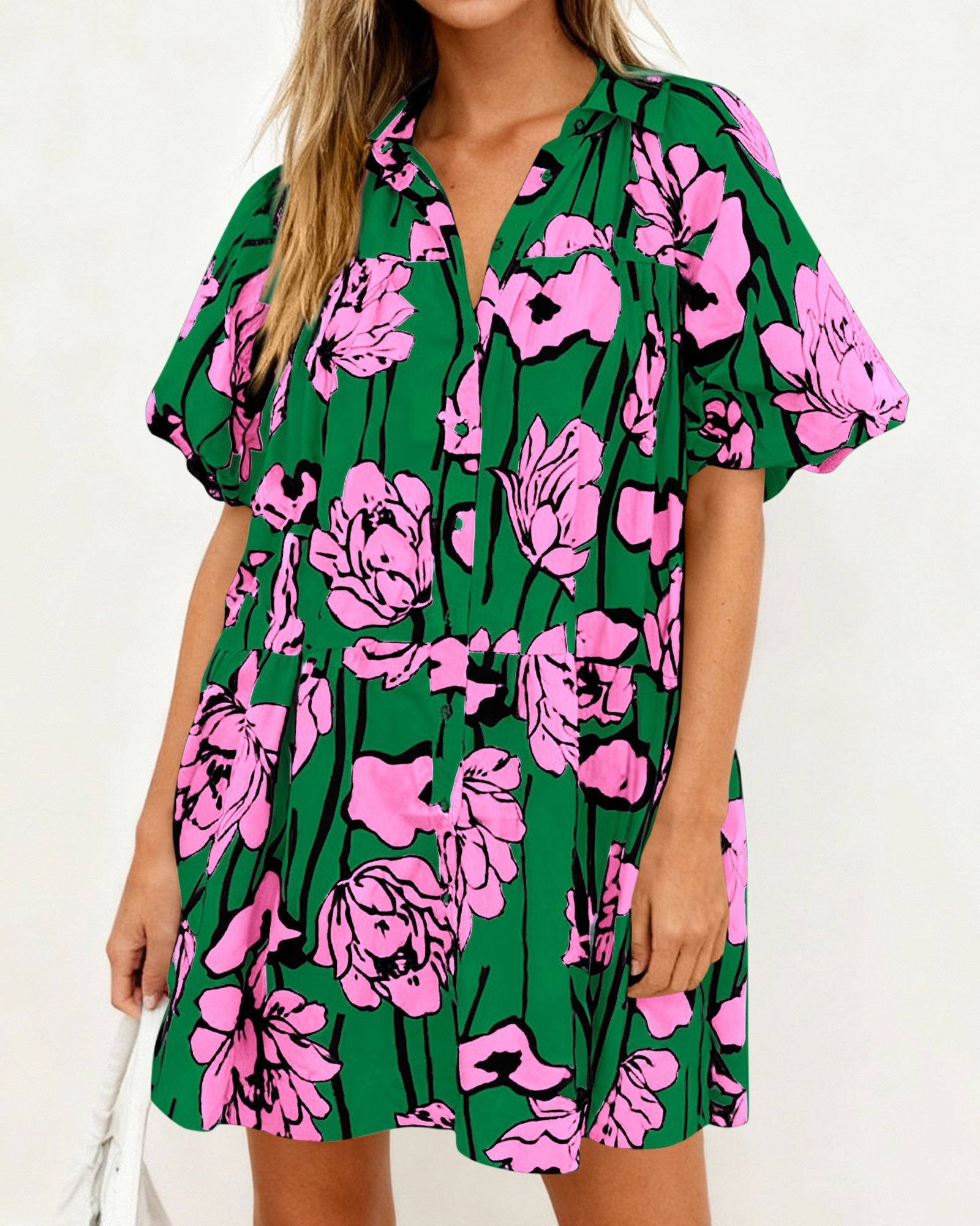 PRETTYGARDEN Womens Summer Dresses 2026 Casual Puff Sleeve Button Down Mini Shirt Dress Boho Floral Babydoll Sun Dress PRETTYGARDEN