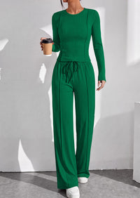 PRETTYGARDEN Womens 2 Piece Sets Long Sleeve Outfits  Soft Ribbed Knit, Loose Wide Leg Fit, Crop Top Drawstring High Waist Pants Set, Casual Lounge Travel, Matching Fall Clothes