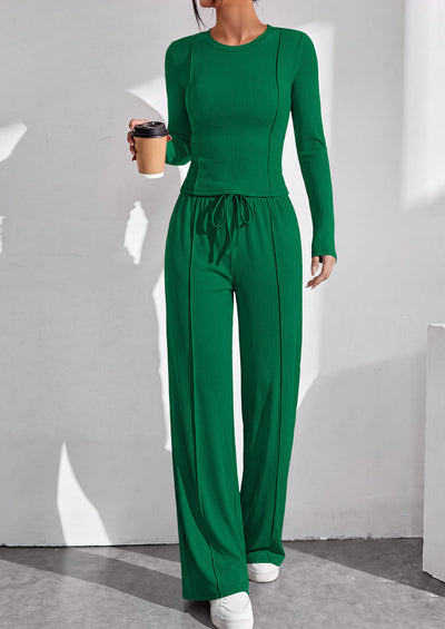 PRETTYGARDEN Womens 2 Piece Sets Long Sleeve Outfits  Soft Ribbed Knit, Loose Wide Leg Fit, Crop Top Drawstring High Waist Pants Set, Casual Lounge Travel, Matching Fall Clothes
