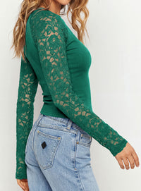 PRETTYGARDEN Sheer Lace Raglan Long Sleeve Shirts for Women | Soft Stretchy Knit,See Through Floral Sleeves,Crewneck Fitted Tshirts,Daily Going Out Tops,Office Layer,Fall Fashion Clothing