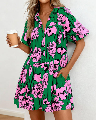 PRETTYGARDEN Womens Summer Dresses 2026 Casual Puff Sleeve Button Down Mini Shirt Dress Boho Floral Babydoll Sun Dress PRETTYGARDEN