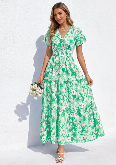 PRETTYGARDEN Women Summer Maxi Dresses Short Sleeve V Neck Button Floral Tiered Flowy Boho Sundress Beach Outfits