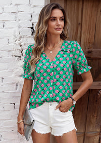 PRETTYGARDEN Womens Boho Tops Summer V Neck Puff Sleeve Casual Button Down Ruffle Floral Blouses Shirts Work Clothes PRETTYGARDEN