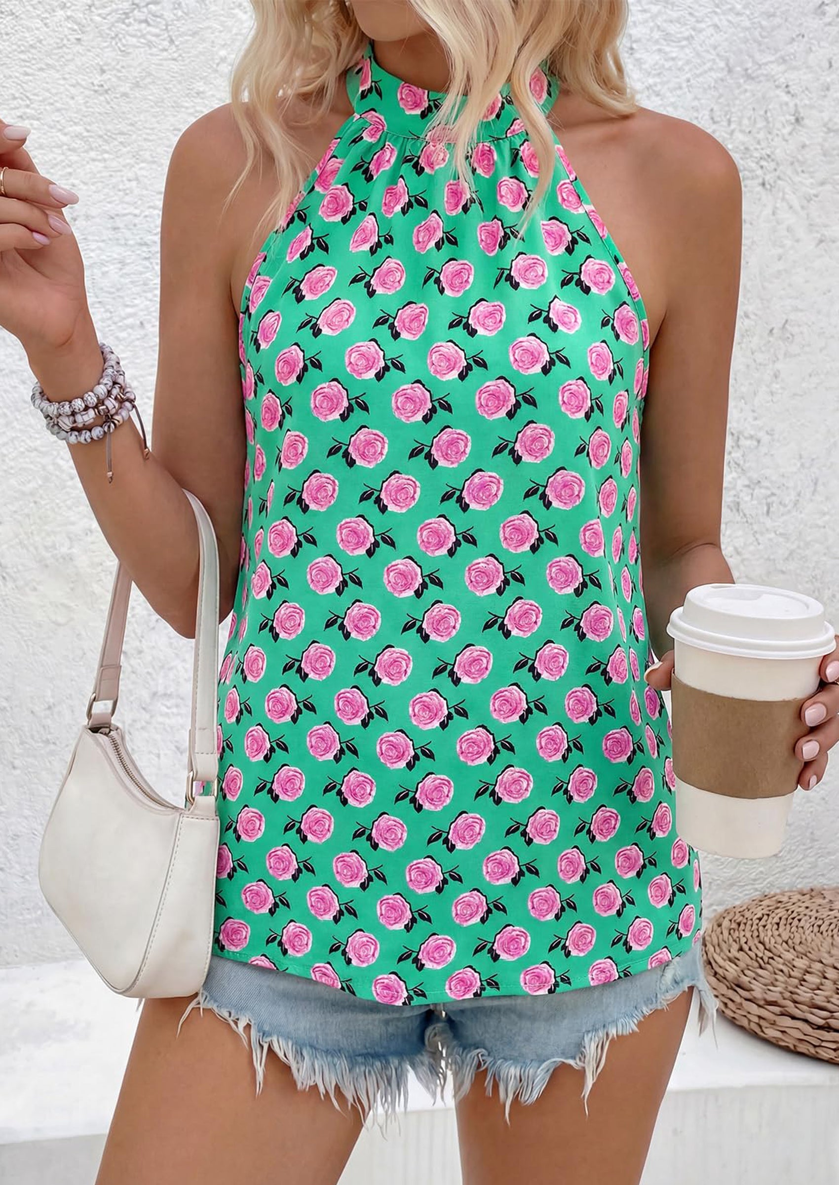 PRETTYGARDEN Halter Tops for Women Summer High Neck Boho Tank Top Sleeveless Beach Vacation Clothes Casual Blouse Shirts PRETTYGARDEN