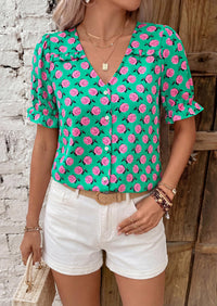 PRETTYGARDEN Womens Boho Tops Summer V Neck Puff Sleeve Casual Button Down Ruffle Floral Blouses Shirts Work Clothes PRETTYGARDEN