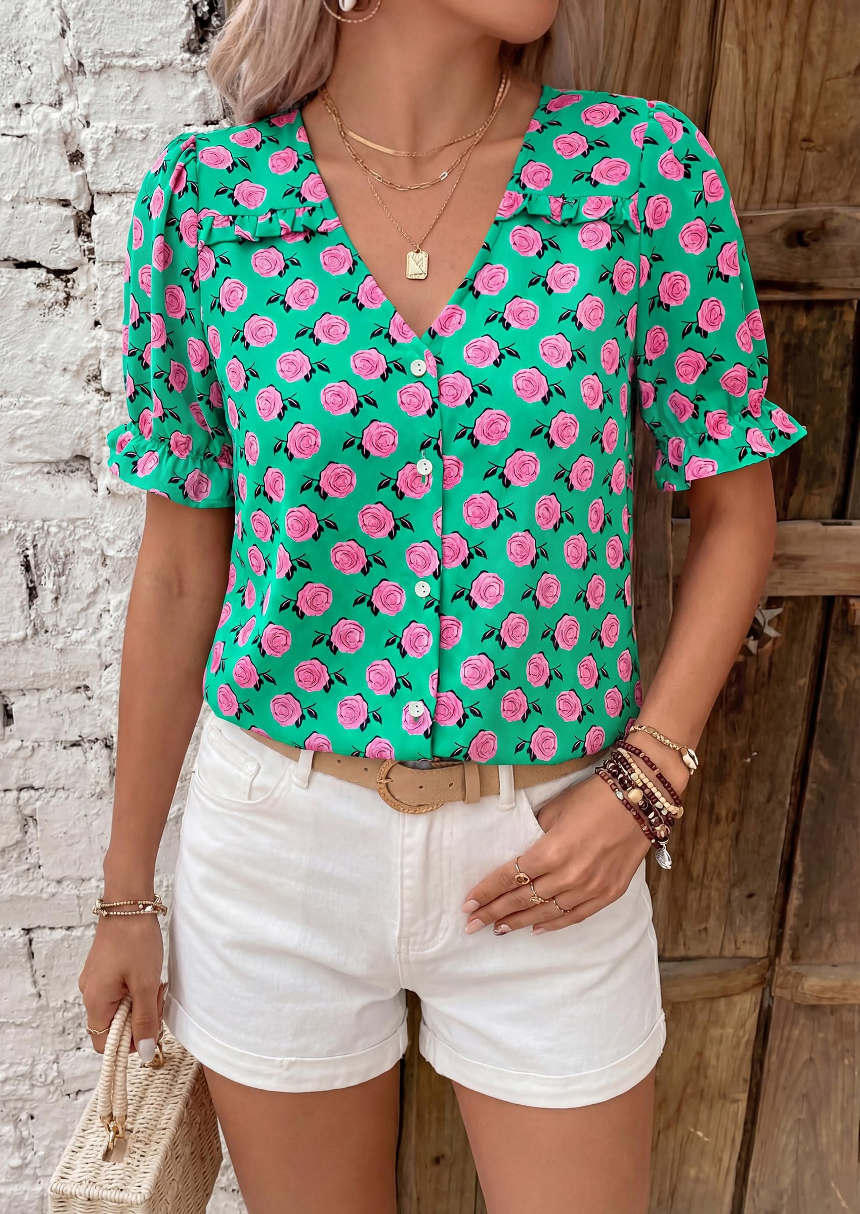 PRETTYGARDEN Womens Boho Tops Summer V Neck Puff Sleeve Casual Button Down Ruffle Floral Blouses Shirts Work Clothes PRETTYGARDEN