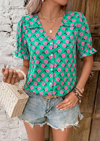 PRETTYGARDEN Womens Boho Tops Summer V Neck Puff Sleeve Casual Button Down Ruffle Floral Blouses Shirts Work Clothes PRETTYGARDEN