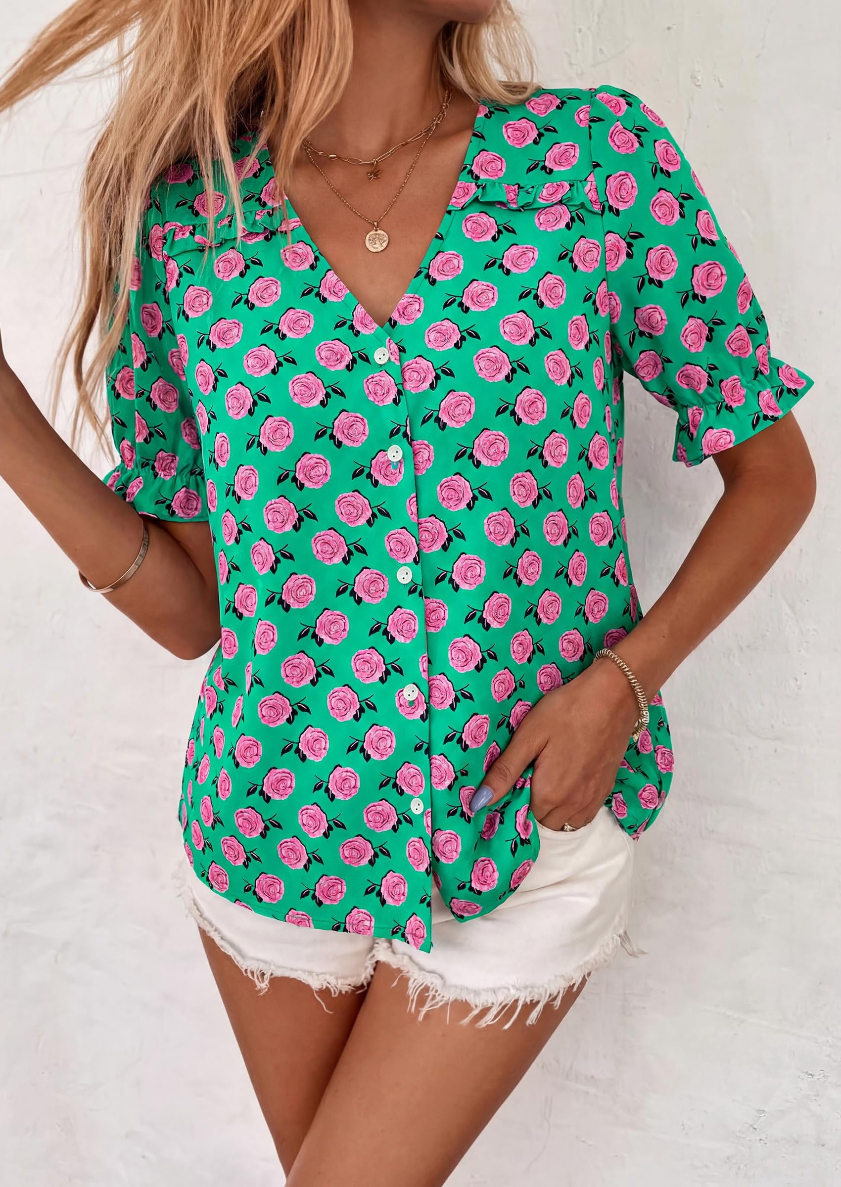 PRETTYGARDEN Womens Boho Tops Summer V Neck Puff Sleeve Casual Button Down Ruffle Floral Blouses Shirts Work Clothes PRETTYGARDEN