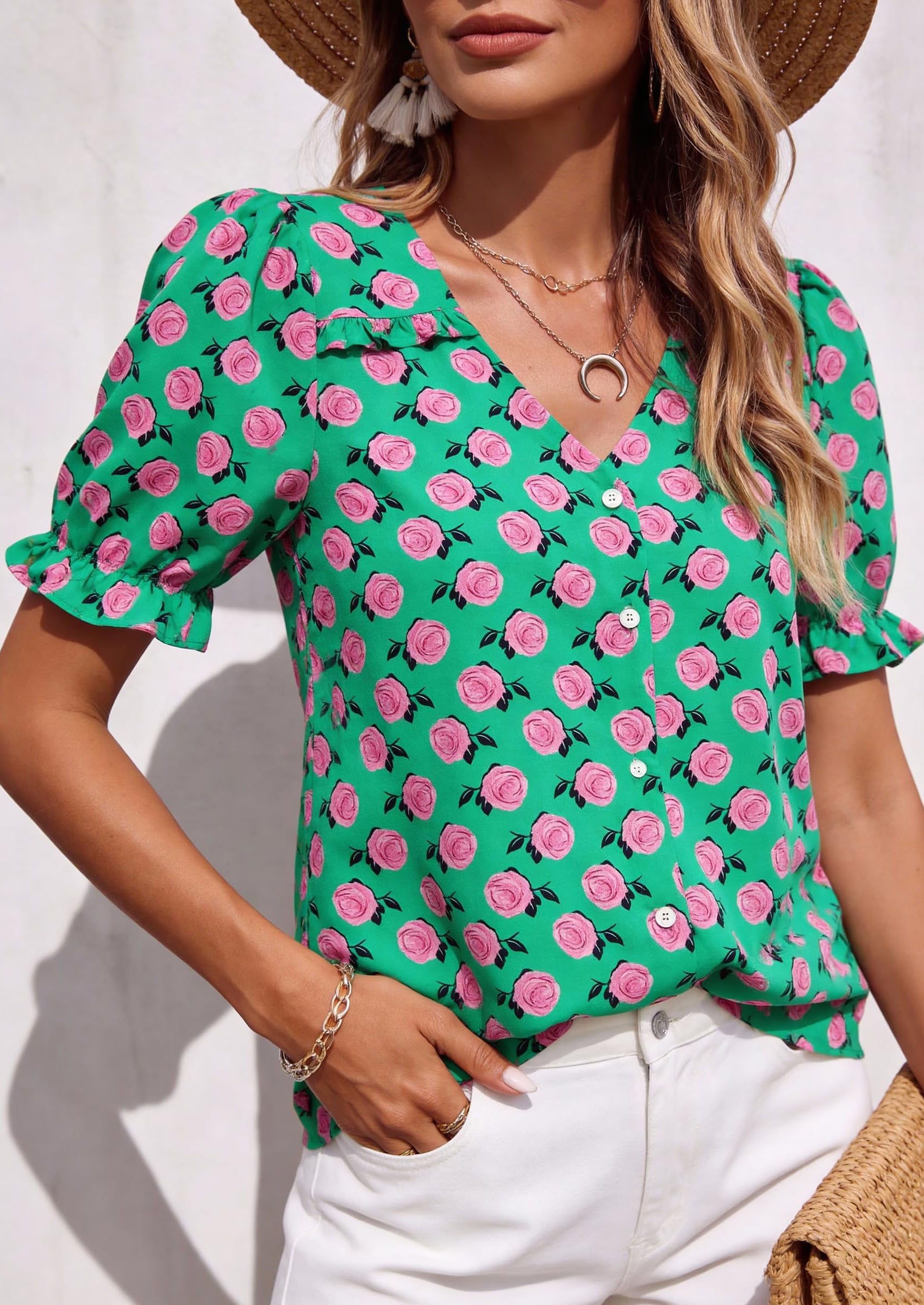 PRETTYGARDEN Womens Boho Tops Summer V Neck Puff Sleeve Casual Button Down Ruffle Floral Blouses Shirts Work Clothes PRETTYGARDEN