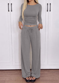 PRETTYGARDEN Women's Matching Lounge Sets 2 Piece Outfits  Boat Neck Long Sleeve , Wide Leg Pants Pockets, Ruched Waist, Travel Airport Resort Wear, Casual Fall Fashion Clothing