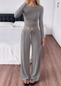 PRETTYGARDEN Women's Matching Lounge Sets 2 Piece Outfits  Boat Neck Long Sleeve , Wide Leg Pants Pockets, Ruched Waist, Travel Airport Resort Wear, Casual Fall Fashion Clothing
