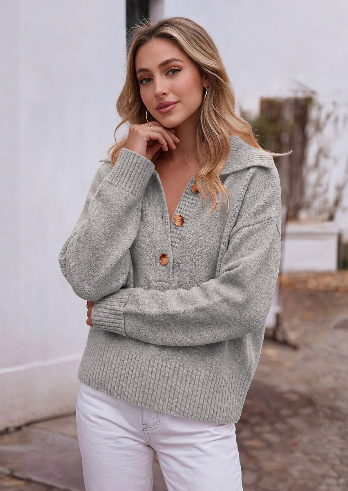 PRETTYGARDEN Womens Fall Long Sleeve Sweaters Button up V Neck Polo Shirts | Quarter Button Collared Tops, Ribbed Knit Comfy Shirts, Relaxed Fit Sweater Tops, Casual Fall Outfits for Women 2026