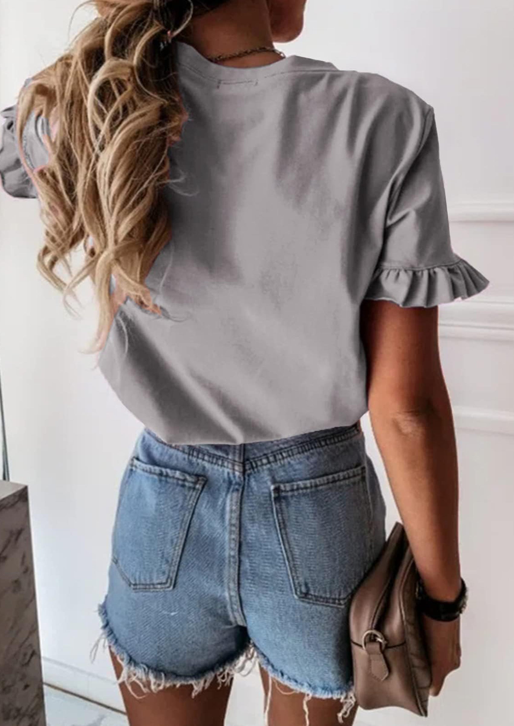 PRETTYGARDEN Women's Short Sleeve Casual T Shirts Summer Ruffle Plain Round Neck Loose Fit Tee Blouse Tops