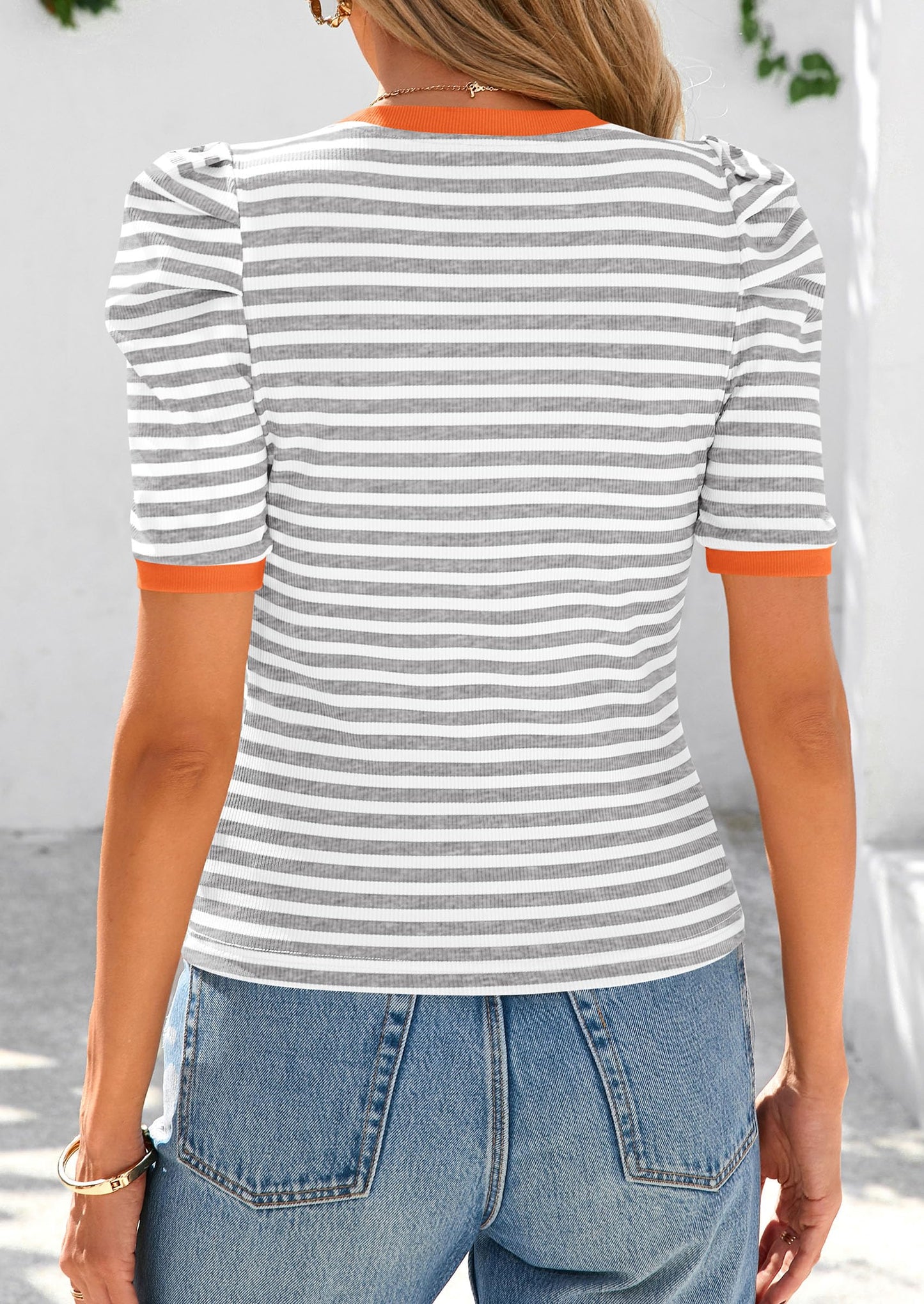 Women's Summer Puff Sleeve Tops Casual Ribbed Knit Color Block T Shirts Trendy Striped Pullover Tops