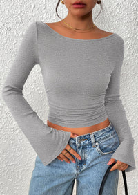 PRETTYGARDEN Women's Long Sleeve Shirts Fall Going Out Tops Casual Boat Neck Bell Sleeve Ribbed Ruched Y2K Clothes