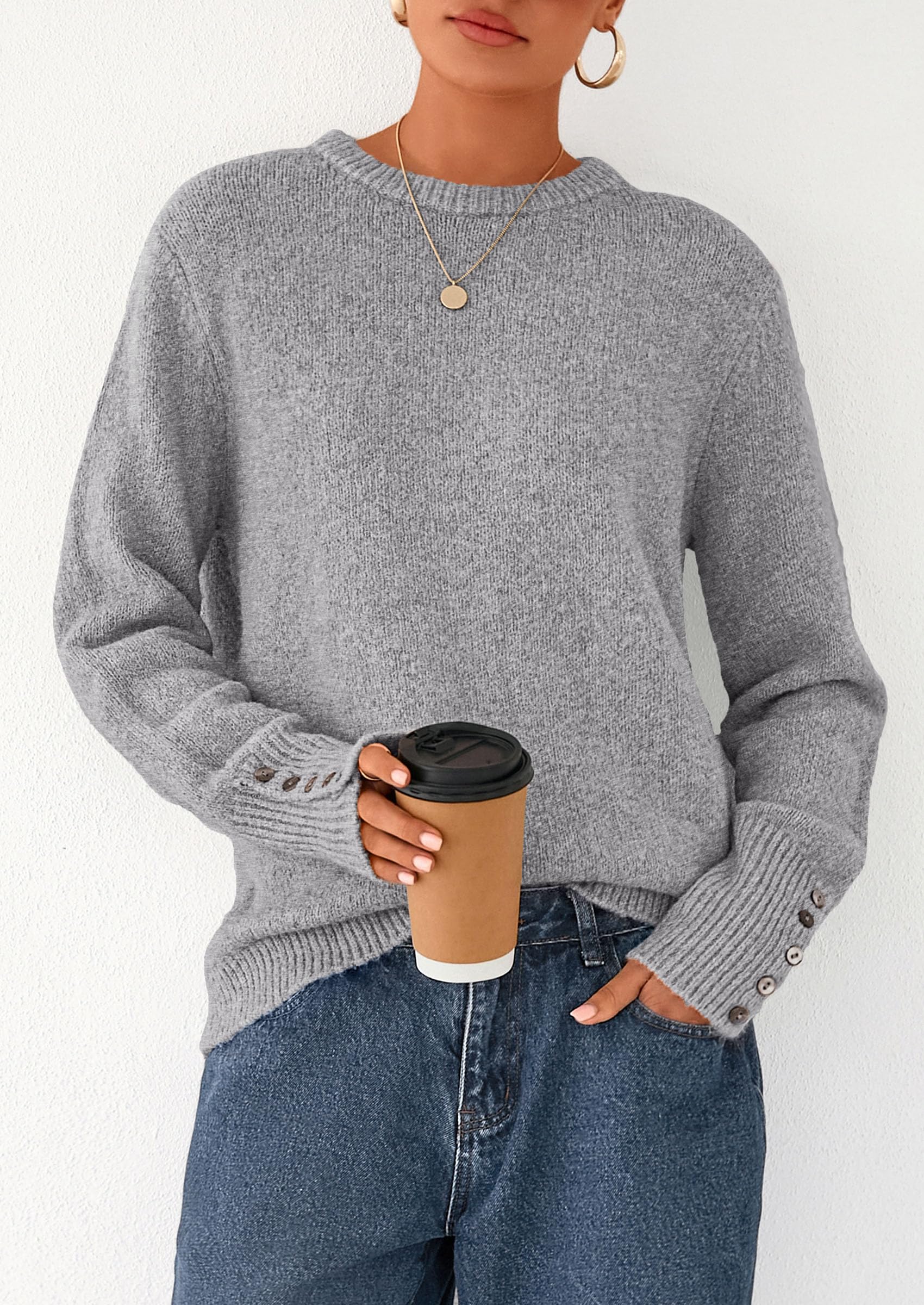 PRETTYGARDEN Womens Sweaters Fall Fashion Casual Crewneck Pullover Button Long Sleeve Cute Knit Tops Winter Clothes