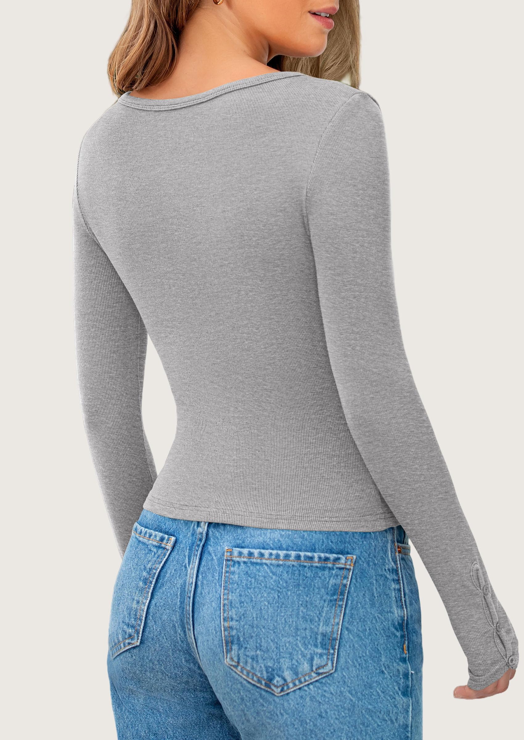 PRETTYGARDEN Women's Summer Long Sleeve Henley T Shirts Ribbed Knit Button Slim Fitted Basic Casual Going Out Fall Tops