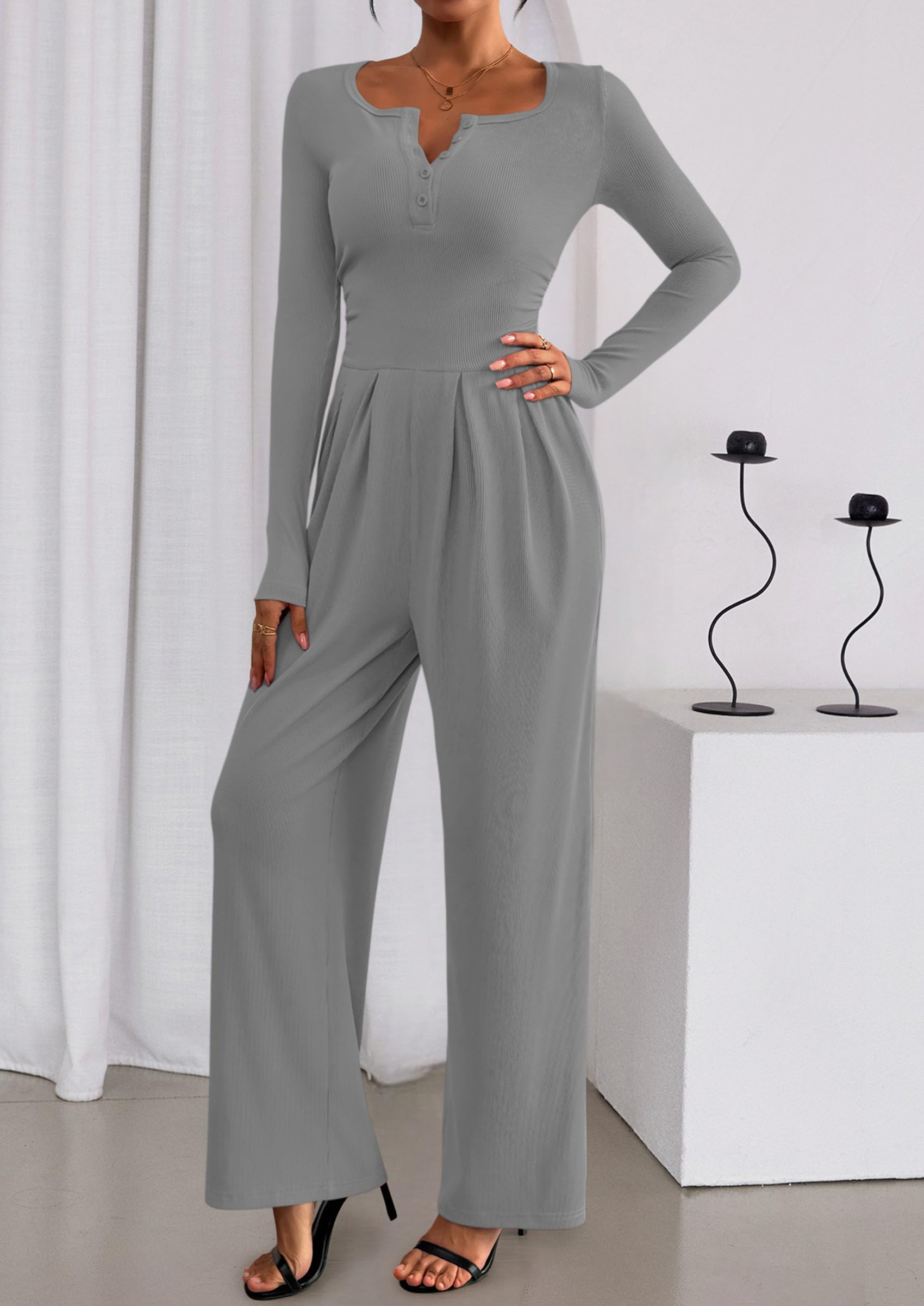 PRETTYGARDEN Jumpsuits for Women Dressy Casual Fall One Piece Outfits Long Sleeve Crew Neck Wide Leg Pants Rompers