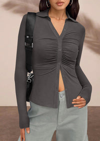 PRETTYGARDEN Womens Button Down Shirts V Neck Collared Ruched Slim Fit Long Sleeve Shirt Casual Fall Fashion Ladies Tops PRETTYGARDEN