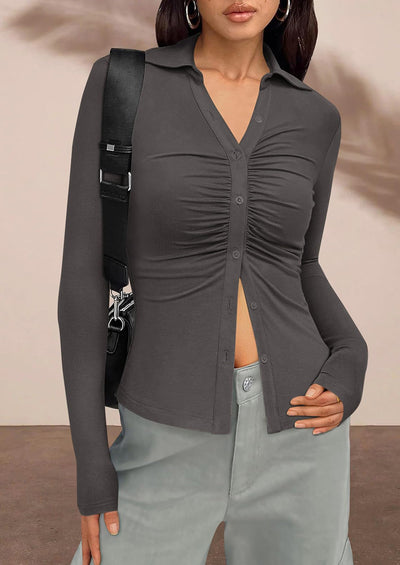 PRETTYGARDEN Womens Button Down Shirts V Neck Collared Ruched Slim Fit Long Sleeve Shirt Casual Fall Fashion Ladies Tops PRETTYGARDEN