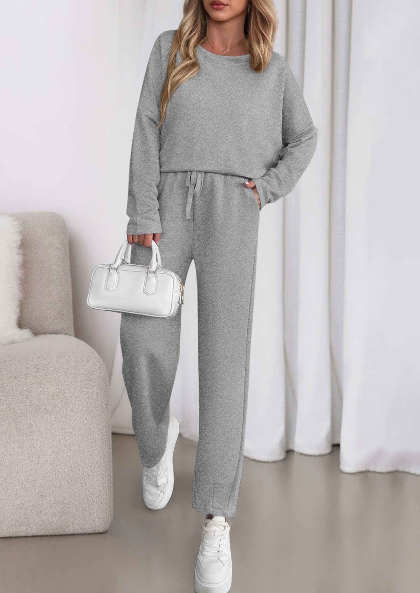 PRETTYGARDEN Womens 2 Piece Matching Lounge Sets Fall Long Sleeve Boatneck Sweatsuit Drawstring Sweatpants Pockets