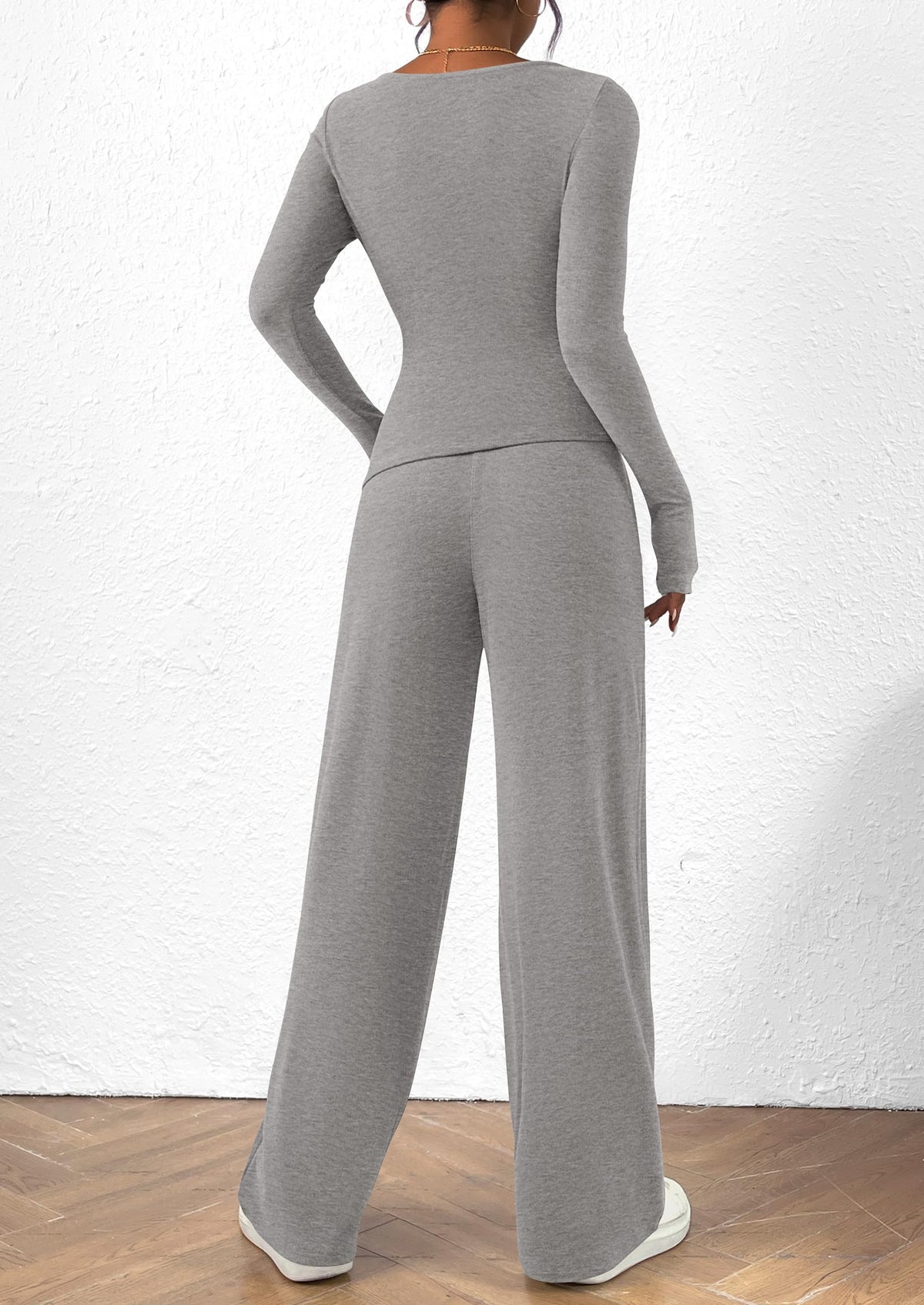 2 Piece Lounge Sets Asymmetrical Long Sleeve T Shirt Wide Leg Pants Casual Outfits Tracksuit