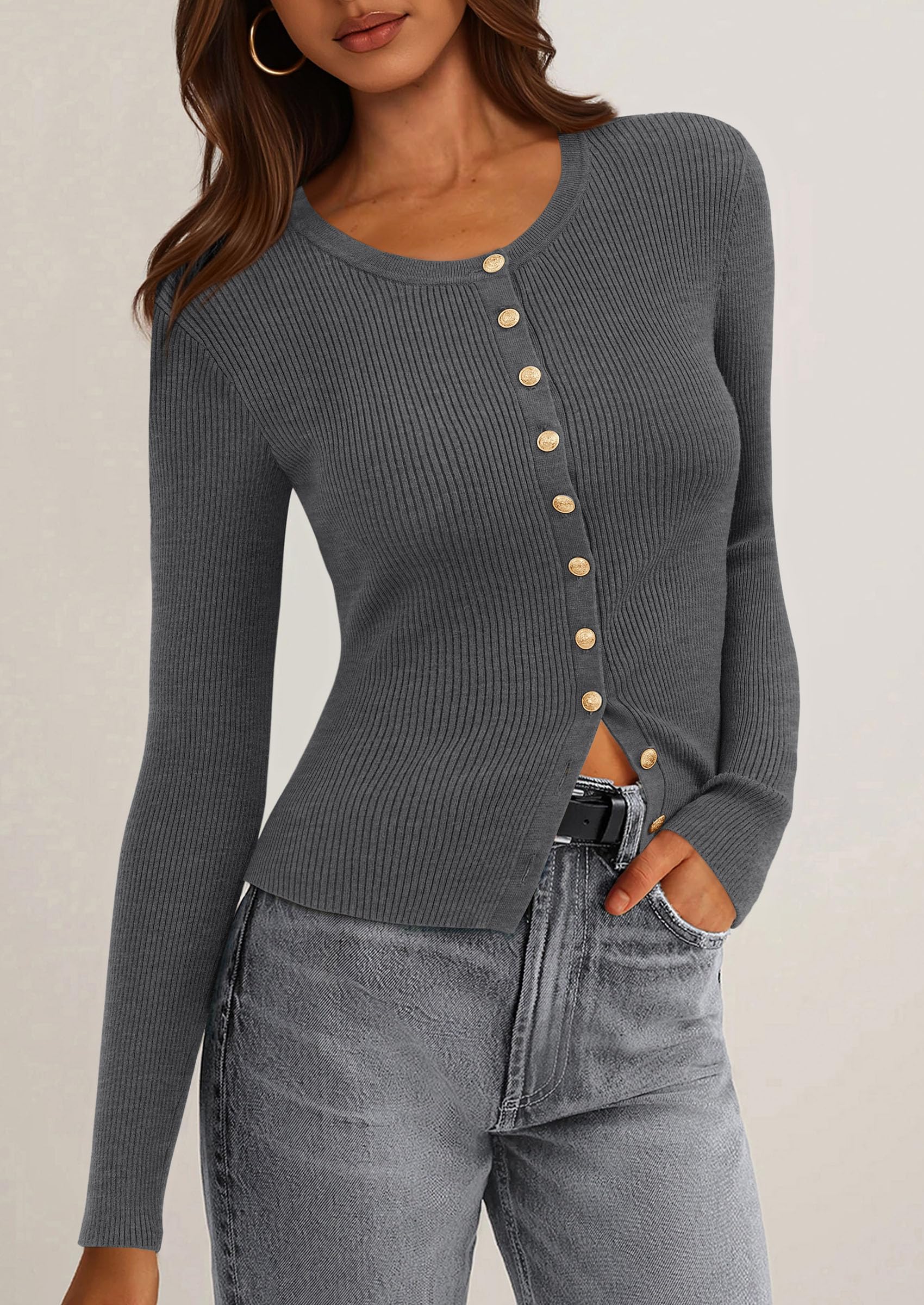 PRETTYGARDEN Womens Fall Cardigan Sweaters Lightweight Long Sleeve Button up Ribbed Knit Tops Winter Fashion Clothes