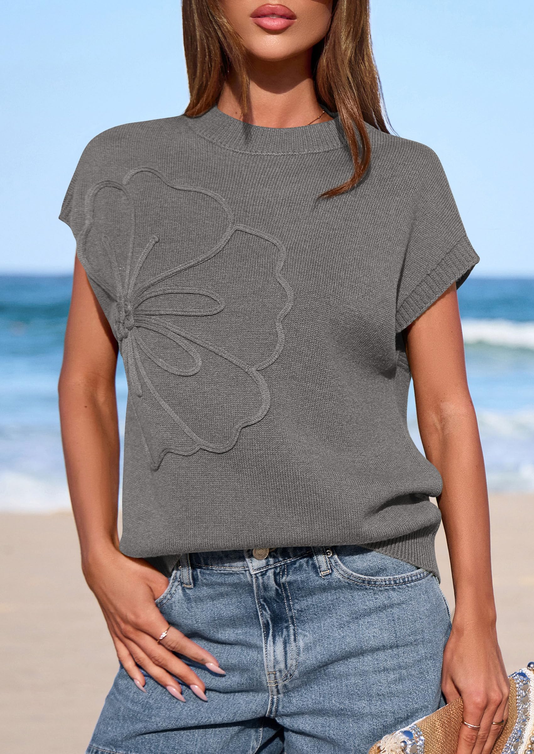 PRETTYGARDEN Women's Spring Sweater Vest Trendy Flower Knit Short Sleeve Cute Pullover Tank Tops Summer Fashion Clothing PRETTYGARDEN