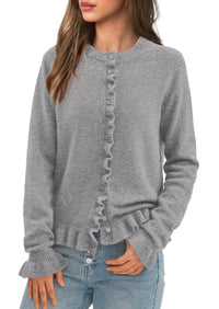 PRETTYGARDEN Womens Fall Button Down Cardigans Chunky Knit Ruffle Open Front Cropped Cardigan Sweaters Soft Long Sleeve Tops