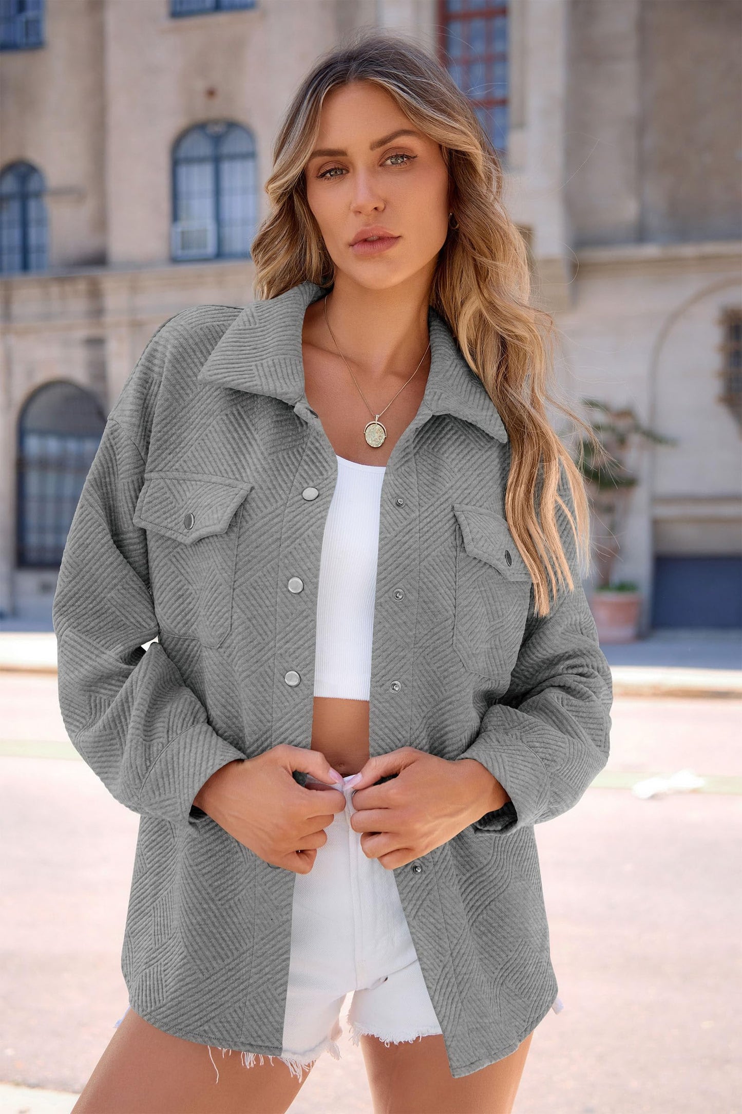 Women's 2024 Button Down Shacket Jackets Fall Clothes Collared Long Sleeve Textured Loose Casual Fashion Shirts