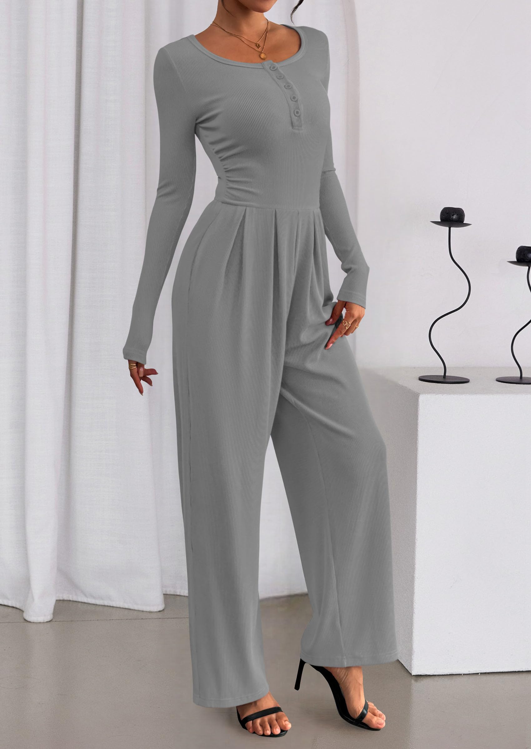 PRETTYGARDEN Jumpsuits for Women Dressy Casual Fall One Piece Outfits Long Sleeve Crew Neck Wide Leg Pants Rompers