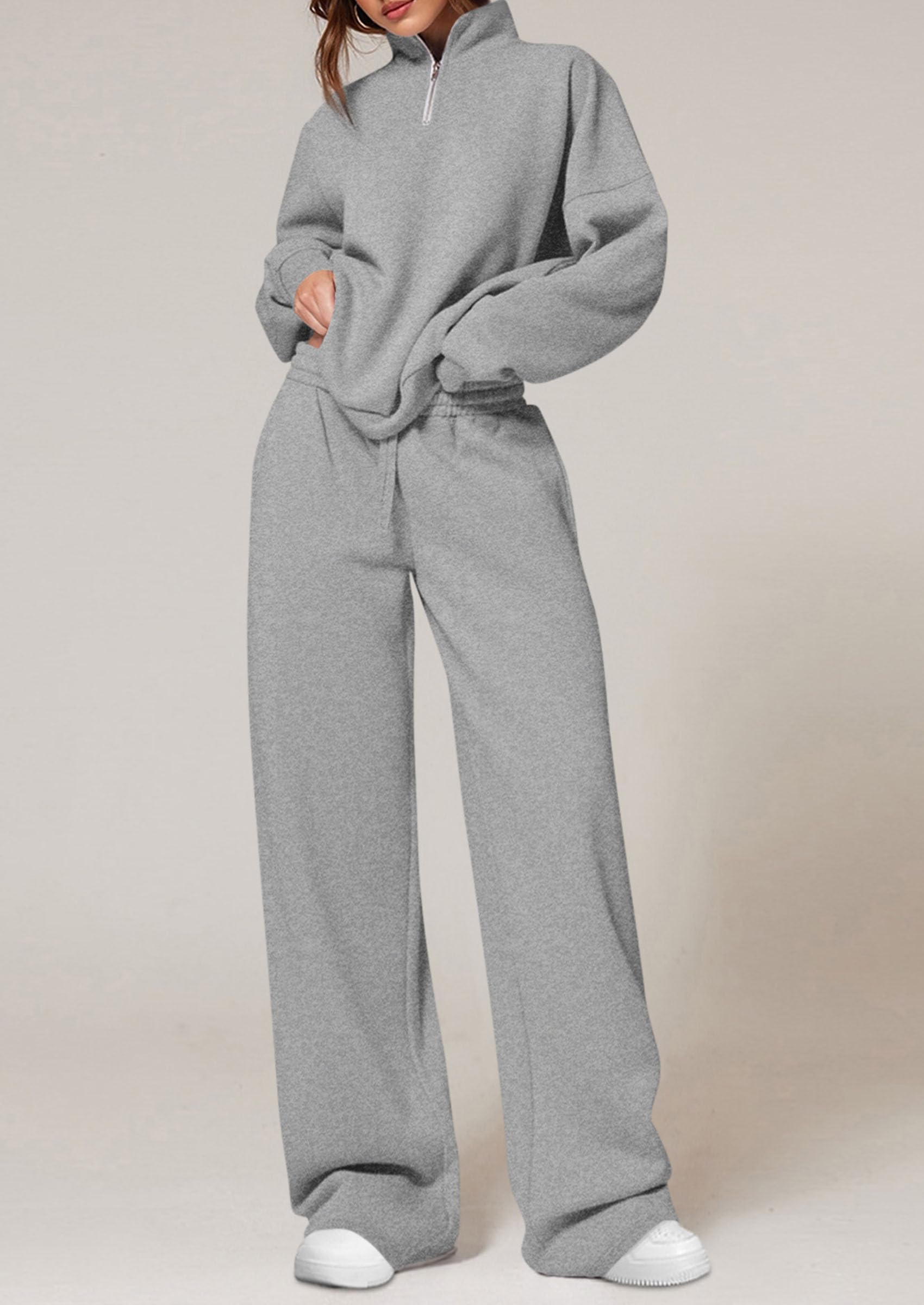 PRETTYGARDEN Womens Casual Two Piece Sets Fall Outfits Quarter Zip Sweatshirts Straight Leg Pants Sweatsuits Tracksuit