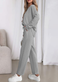 PRETTYGARDEN Womens 2 Piece Matching Lounge Sets Fall Long Sleeve Boatneck Sweatsuit Drawstring Sweatpants Pockets