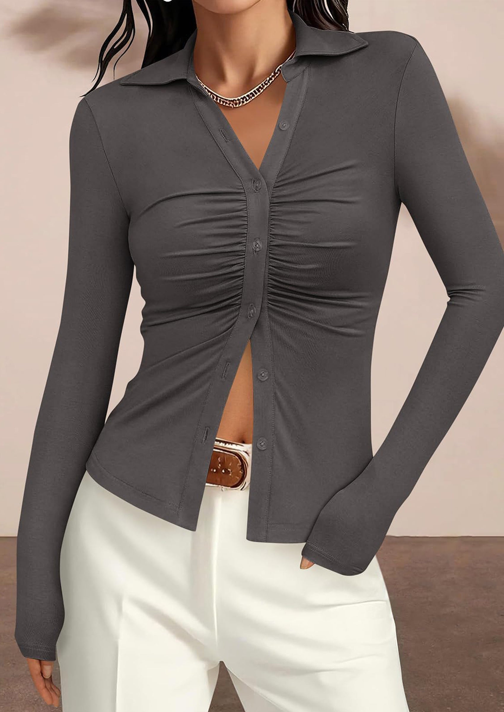 PRETTYGARDEN Womens Button Down Shirts V Neck Collared Ruched Slim Fit Long Sleeve Shirt Casual Fall Fashion Ladies Tops PRETTYGARDEN