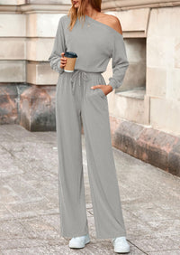 PRETTYGARDEN Long Sleeve Jumpsuit For Women Dressy Off Shoulder One Piece Loose Wide Leg Jumpsuits Casual Flowy Romper
