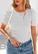 Women's Summer Puff Sleeve Casual Ribbed Knit Color Block Trendy Striped Pullover T-shirts