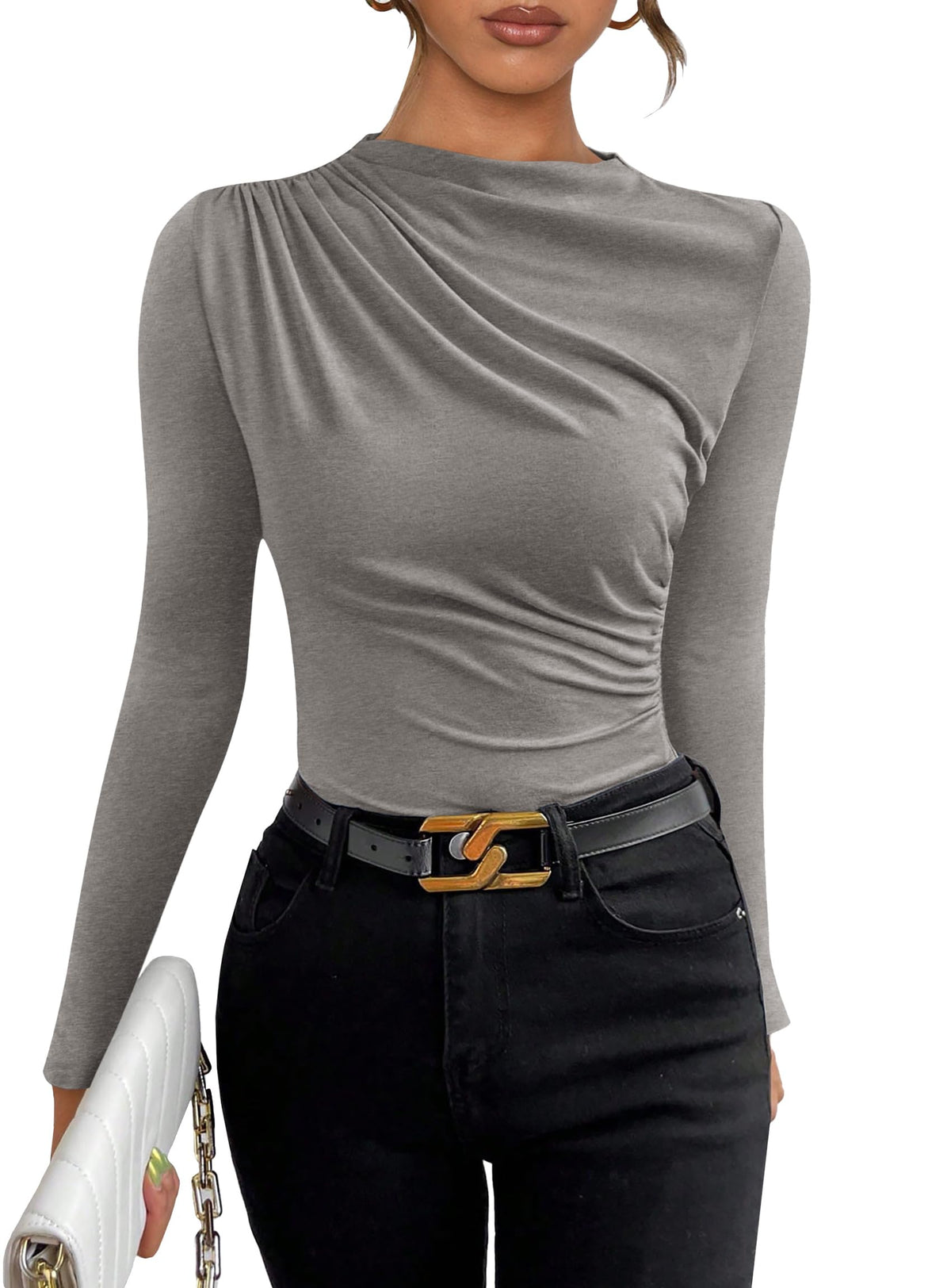 Womens Y2K Going Out Crop Tops Long Sleeve Mock Neck Ruched Slim Fitted Basic Trendy Casual Blouse