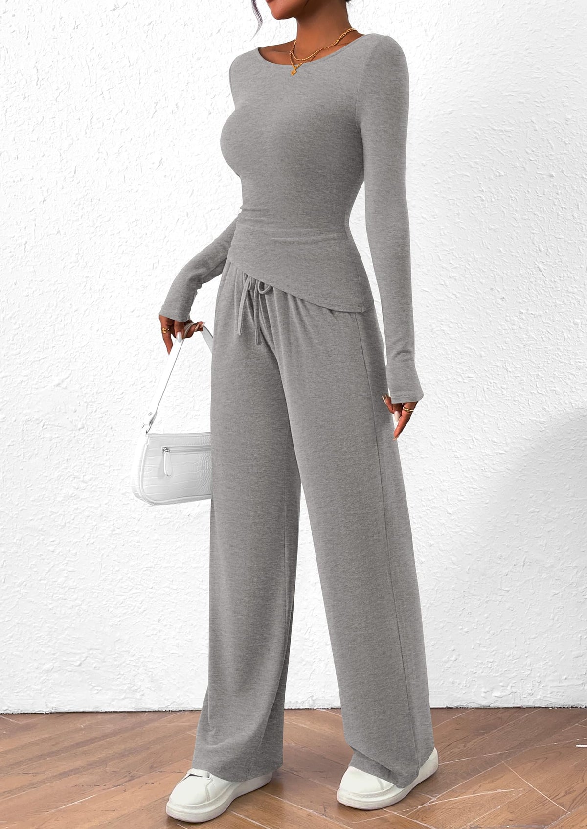 2 Piece Lounge Sets Asymmetrical Long Sleeve T Shirt Wide Leg Pants Casual Outfits Tracksuit