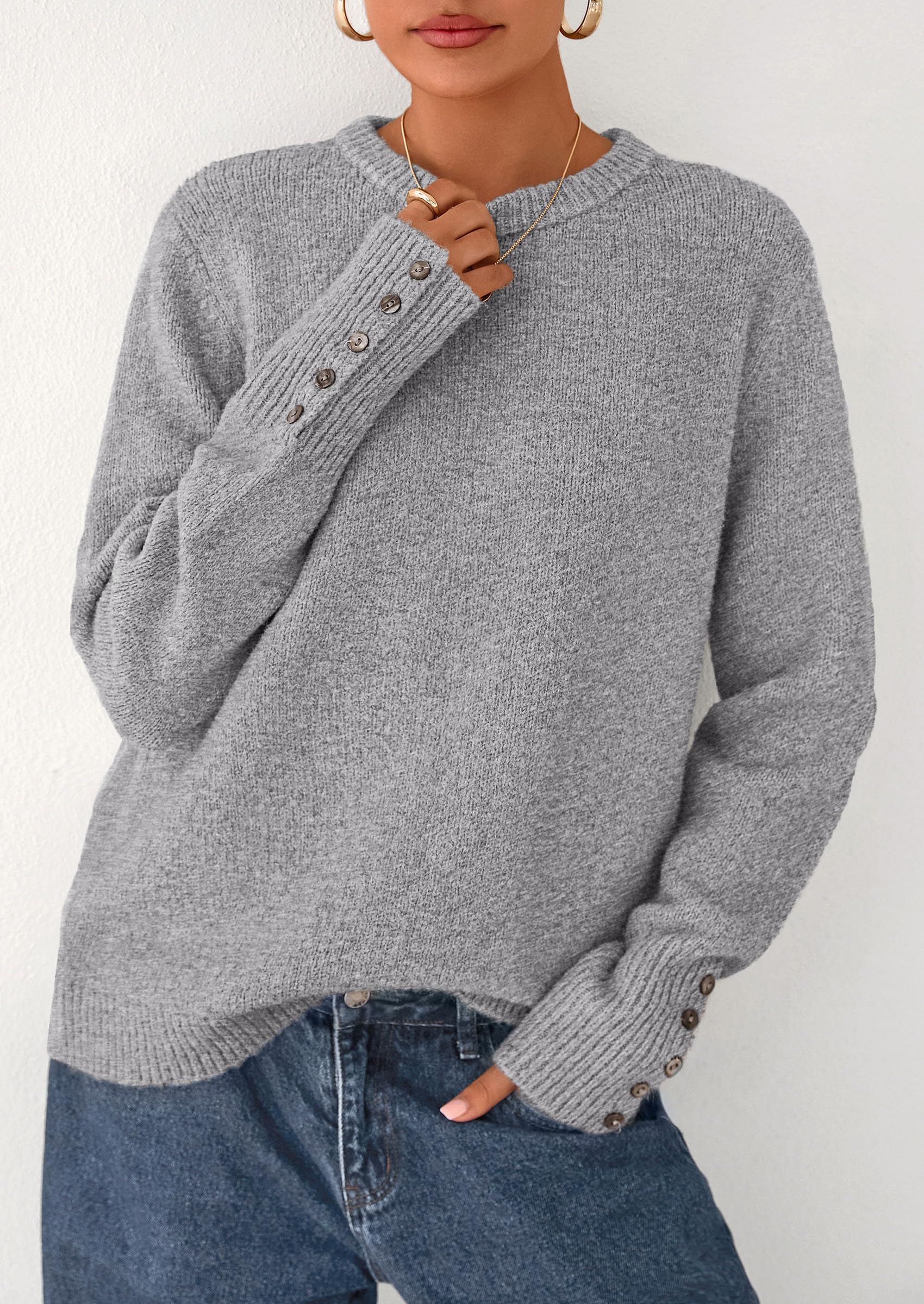 PRETTYGARDEN Womens Sweaters Fall Fashion Casual Crewneck Pullover Button Long Sleeve Cute Knit Tops Winter Clothes